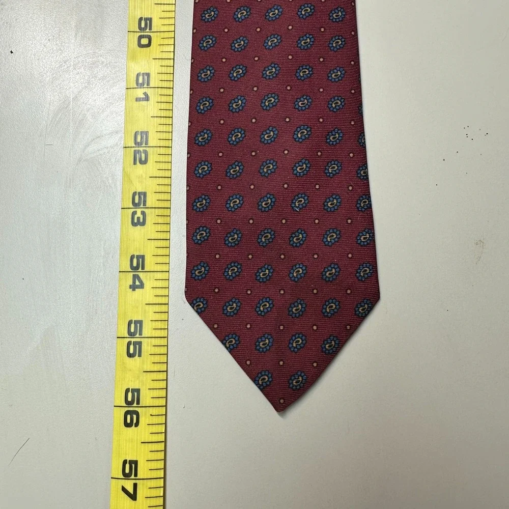 Mens Burgundy Paisley Silk Necktie Blue Gold Dot Pattern Classic Formal Tie